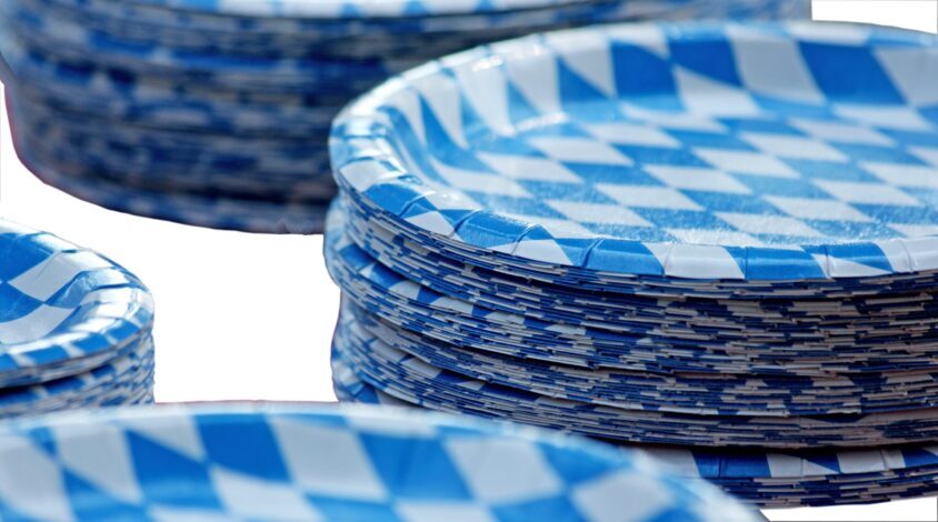 stack of blue and white paper plates