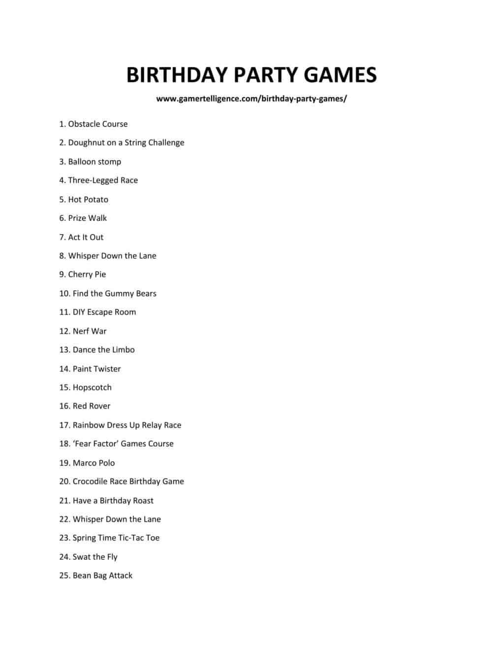 a downloadable list of party games for birthdays