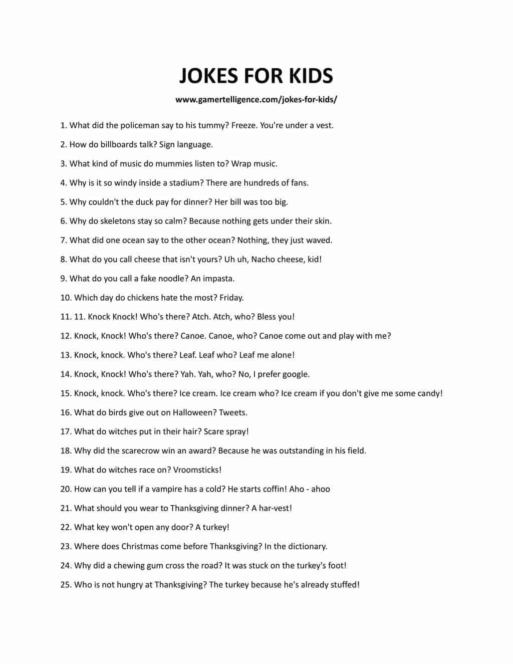 Downloadable and printable list of jokes
