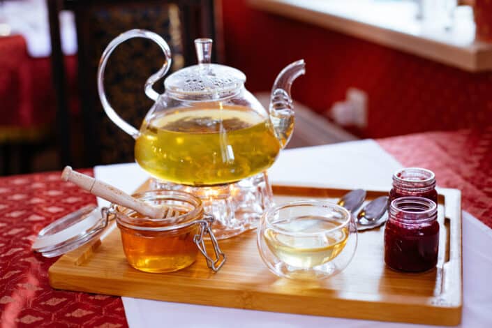 Tray of Tea With Jelly and Honey
